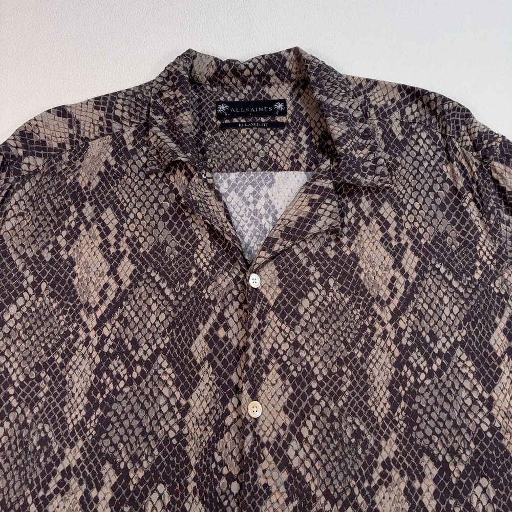 AllSaints Rattle Shirt Men's L Brown Snake Skin Relaxed Fit Viscose Loop Collar - Picture 4 of 13